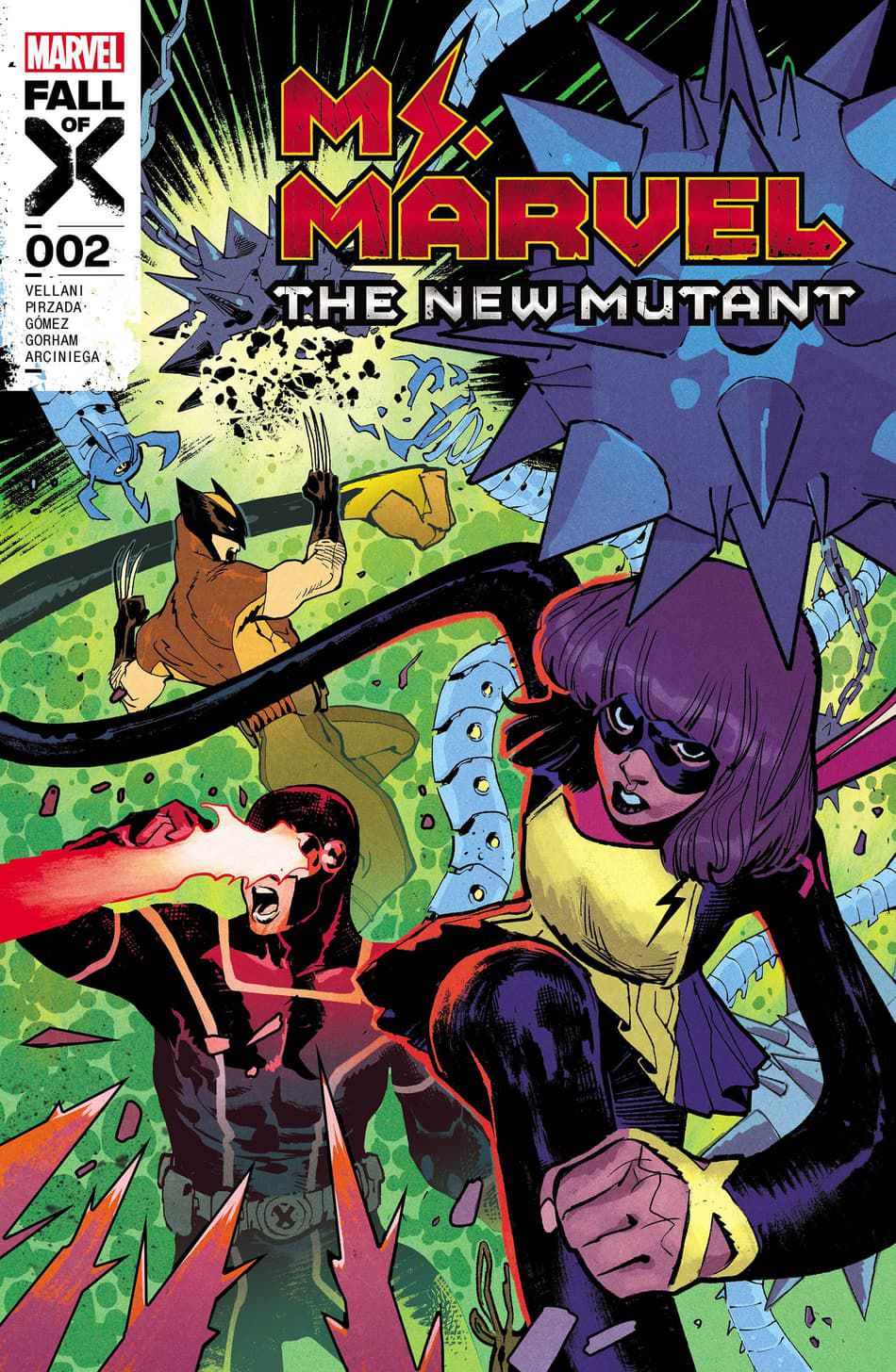 Mme Marvel, Cyclope et Wolverine combattent leurs ennemis sur la couverture de Ms. Marvel : The New Mutant #2 (2023).