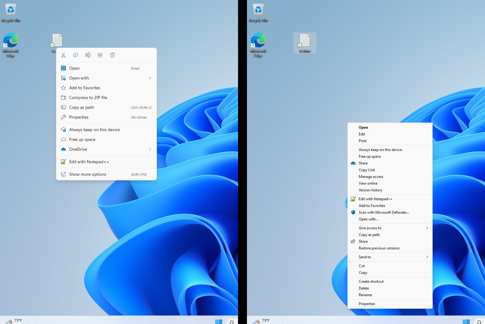 Menu contextuel de Windows 11 : par défaut à gauche, afficher plus d'options à droite
