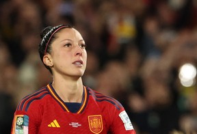 La milieu de terrain espagnole n°10 Jennifer Hermoso réagit après avoir échoué à marquer un tir de pénalité lors du match de football final de la Coupe du monde féminine 2023 d'Australie et de Nouvelle-Zélande entre l'Espagne et l'Angleterre au Stadium Australia à Sydney, le 20 août 2023.