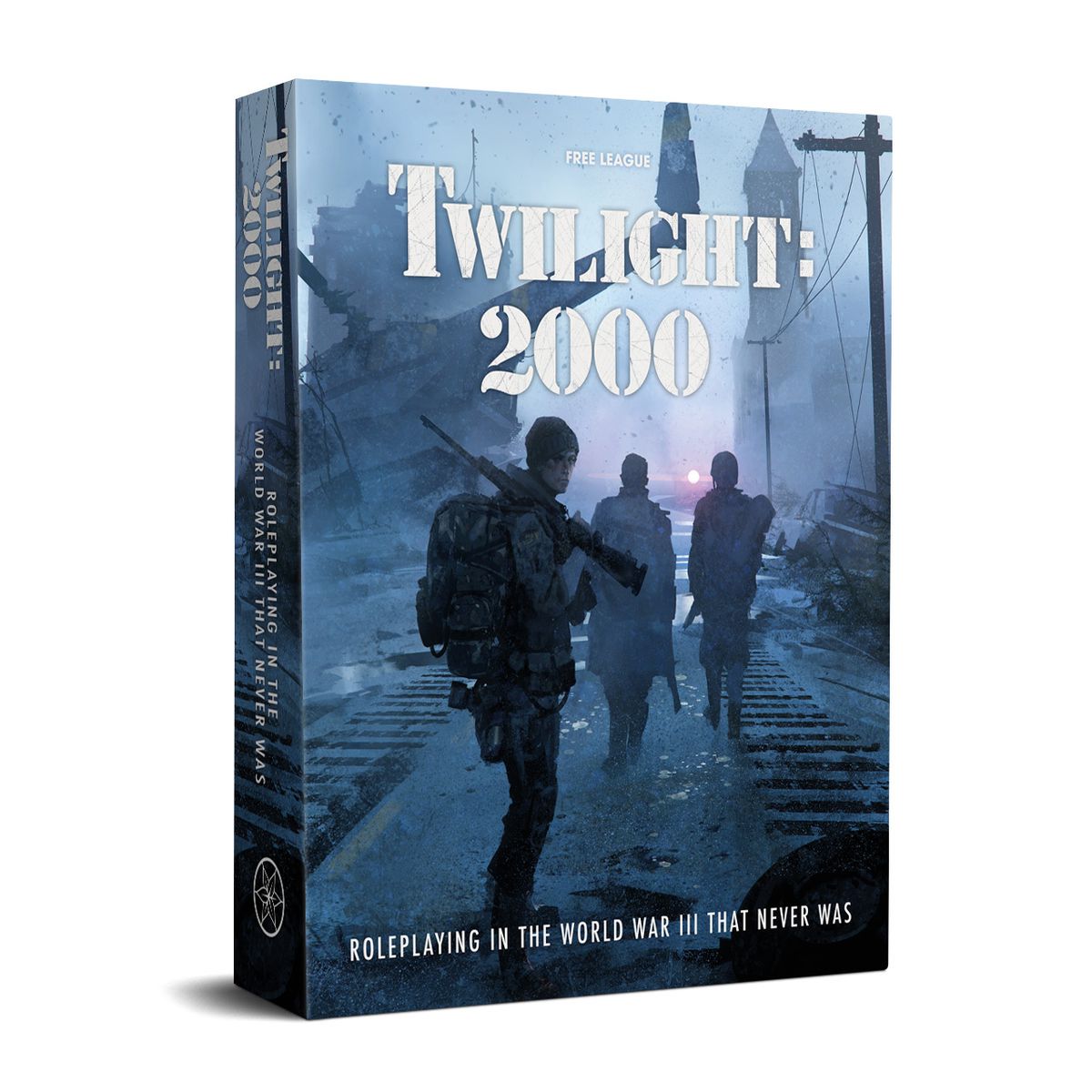 La pochette de Twilight : 2000 montre une petite escouade de trois personnes se déplaçant le long d’une voie ferrée devant un hélicoptère abattu.  La lumière est faible et bleue, avec une fusée éclairante au loin.