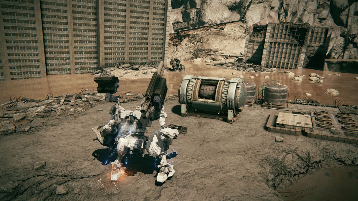 Le CA du joueur s'approche d'un conteneur « coffre au trésor » contenant l'épée Moonlight dans Armored Core 6 : Fires of Rubicon.