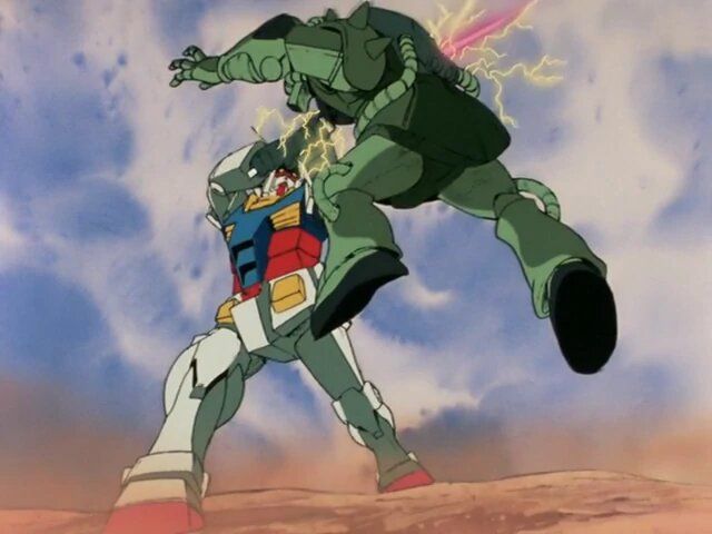 Le RX-78 Gundam perce l'armure d'une combinaison mobile Zaku à l'aide de son sabre à faisceau.