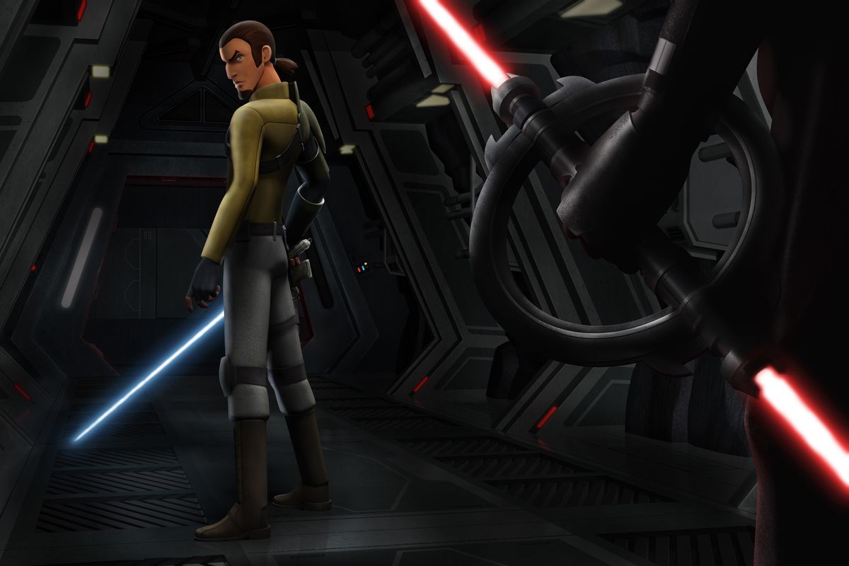 Kanan Jarrus regarde derrière lui alors qu'un inquisiteur tire son sabre laser rouge sur Star Wars Rebels