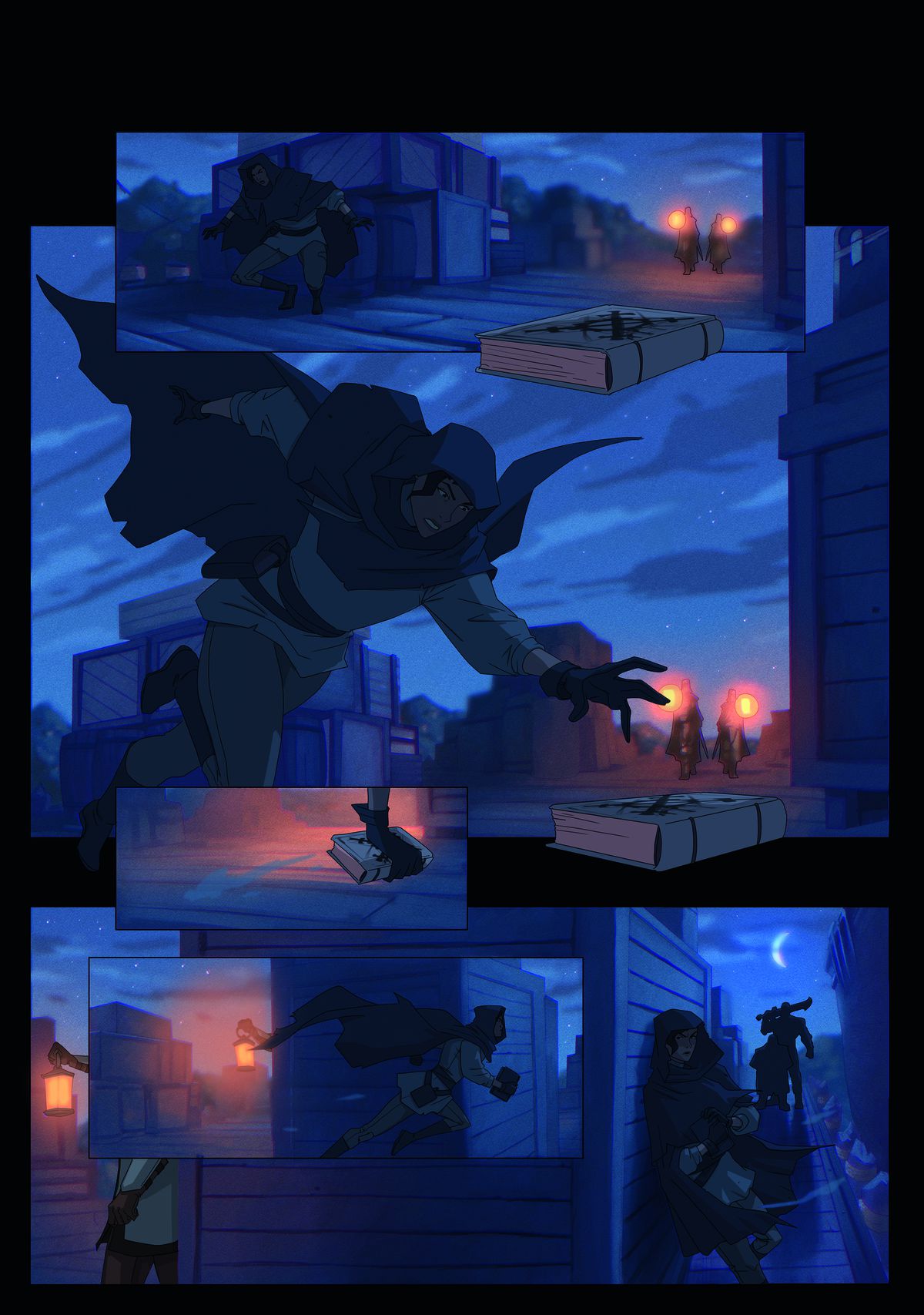 Un personnage cagoulé court dans une ville sombre dans ces panneaux de bandes dessinées. 