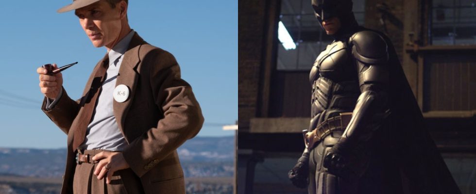 Cillian Murphy stands in the desert in Oppenheimer and Christian Bale standing in his Batman costume for The Dark Knight, pictured side by side.