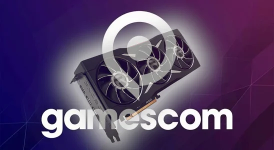 The Gamescom logo with a faded AMD Radeon graphics card in front.