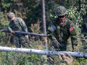 Des soldats des Forces armées canadiennes construisent un pare-feu