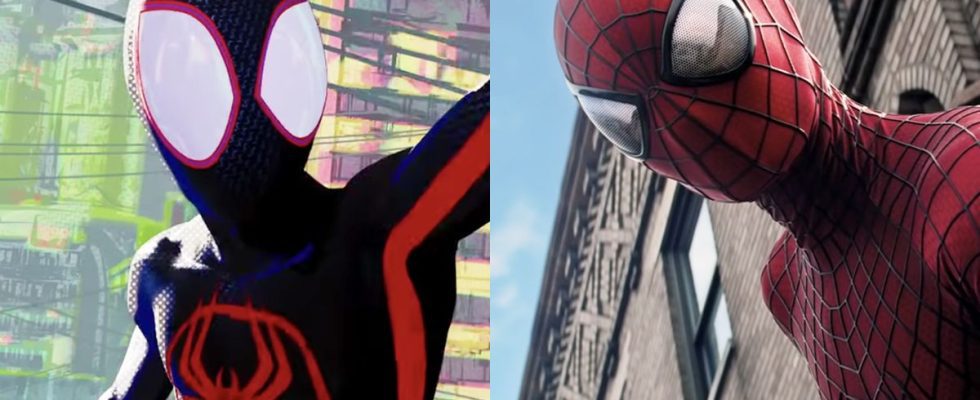 Miles Morales in Across the Spiderverse, Andrew Garfield as Spider-Man in The Amazing Spider-Man 2