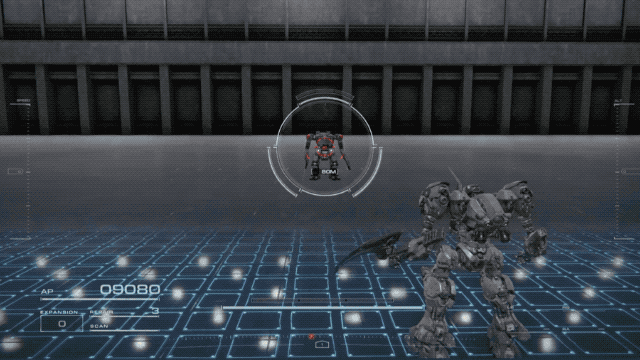 Un GIF animé montrant les trois types d'attaques utilisant la lame à ondes lumineuses IA-C01W2 : Moonlight dans l'arène de simulation dans Armored Core 6 : Fires of Rubicon.