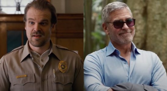 David Harbour as Hopper in Stranger Things and George Clooney in Ticket to Paradise (side by side)