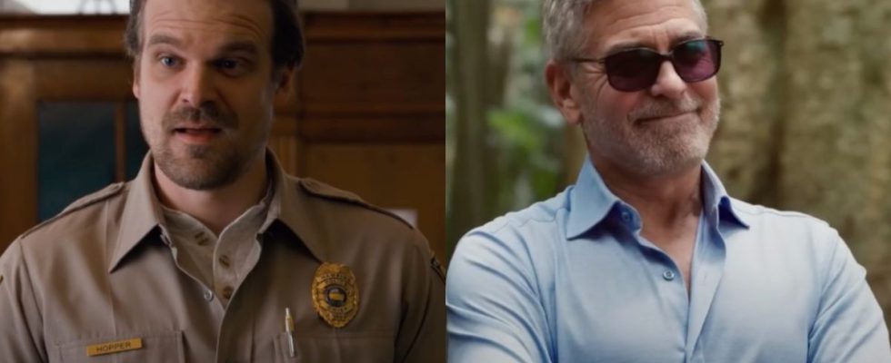 David Harbour as Hopper in Stranger Things and George Clooney in Ticket to Paradise (side by side)