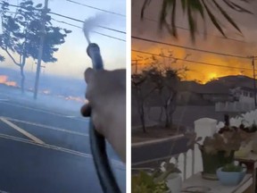 Cette combinaison d'images tirées d'une vidéo réalisée par les voisins Shane Treu, à gauche, et Robert Arconado, le 8 août 2023, montre des incendies devant leurs maisons sur l'île hawaïenne de Maui.  Treu a utilisé un tuyau d'arrosage pour pulvériser de l'eau lors d'incendies provoqués par des câbles électriques cassés tombant sur l'herbe sèche en contrebas et enflammant rapidement une rangée de flammes.