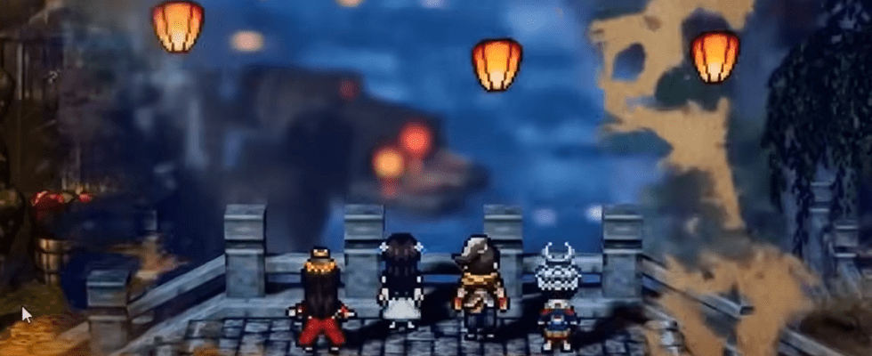 The team from Wandering Sword looks at hanging lanterns.