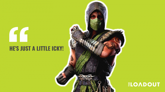 Une image de Reptile dans Mortal Kombat 1 sur fond vert avec la citation "il est juste un peu con"