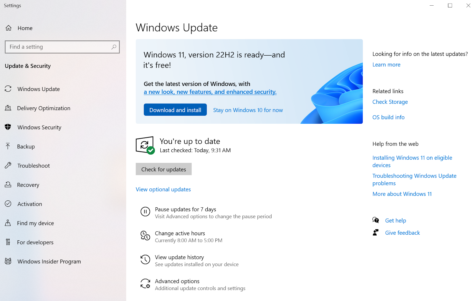 Écran des mises à jour de Windows 10 affichant le problème de mise à jour de Windows 11