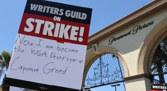 LOS ANGELES - AUGUST 03: Signage used by members and supporters of SAG-AFTRA and WGA as they walk the picket line is seen at Paramount Studios on August 03, 2023 in Los Angeles, California. Members of SAG-AFTRA and WGA (Writers Guild of America) have both walked out in their first joint strike against the studios since 1960. The strike has shut down a majority of Hollywood productions with writers in the third month of their strike against the Hollywood studios. (Photo by David Livingston/Getty Images)