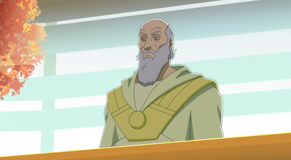Thaedus, un homme chauve avec une longue barbe grise, vêtu de robes vertes futuristes, se tient sur un balcon avec un arbre à feuilles rouges d'un côté dans une scène de la saison 2 de la série animée Invincible d'Amazon