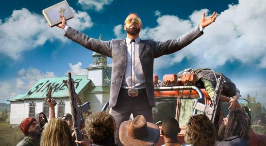 Far Cry 5 villain with arms outstretched, looking at the sky