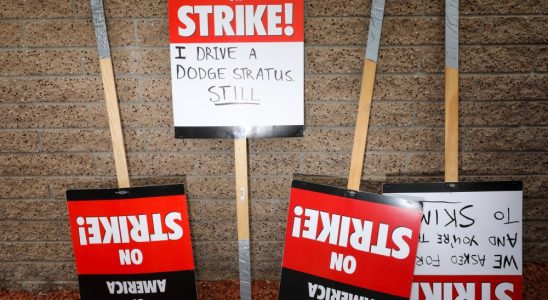 Studio City, CA - May 09: Supporter's signs for the Writer's Guild of America strike, along Colfax Avenue, at Radford Studios Center, in Studio City, CA, Tuesday, May 9, 2023. (Jay L. Clendenin / Los Angeles Times via Getty Images)