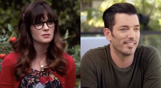 Zooey Deschanel as Jessica Day in New Girl and Jonathan Scott in Property Brothers (side by side)