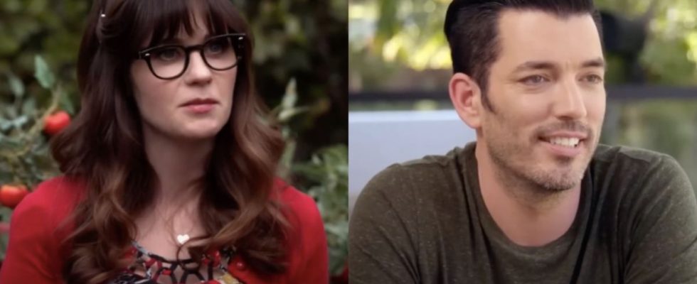 Zooey Deschanel as Jessica Day in New Girl and Jonathan Scott in Property Brothers (side by side)