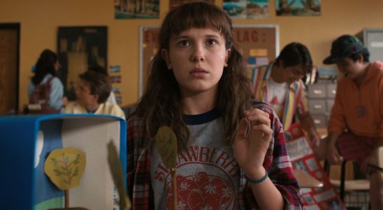 Millie Bobby Brown in a press image from Netflix as Eleven at school during Season 4 of Stranger Things.