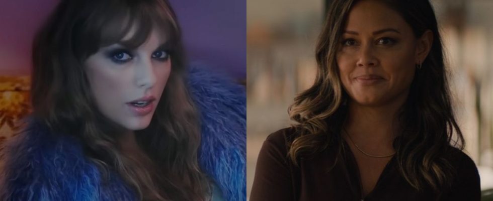 Screenshot of Taylor Swift in the "Lavender Haze" music video/Screenshot of Vanessa Lachey as Jane Tennant in NCIS: Hawai