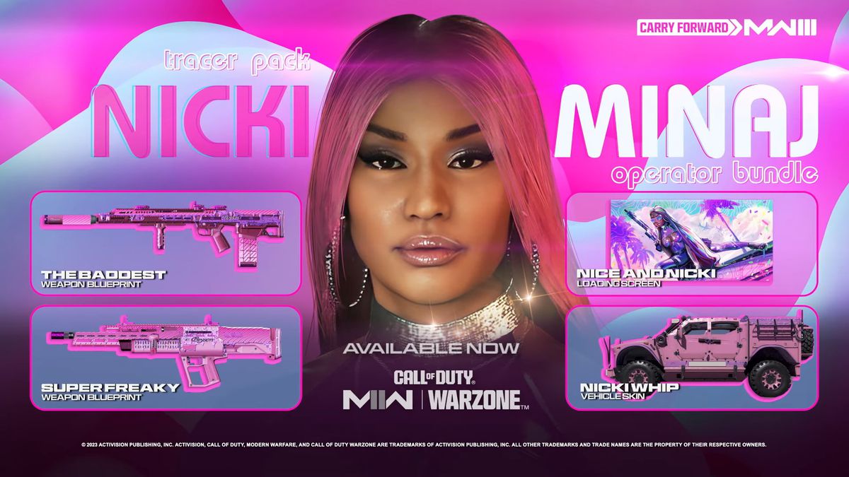 Un graphique montrant le contenu du pack d'opérateur de Nicki Minaj, y compris le fusil The Baddest, le fusil à pompe Super Freaky, l'écran de chargement Nice et Nicki et l'apparence du véhicule Nicki Whip.