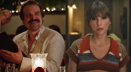David Harbour in Stranger Things and Taylor Swift in Anti-Hero video.