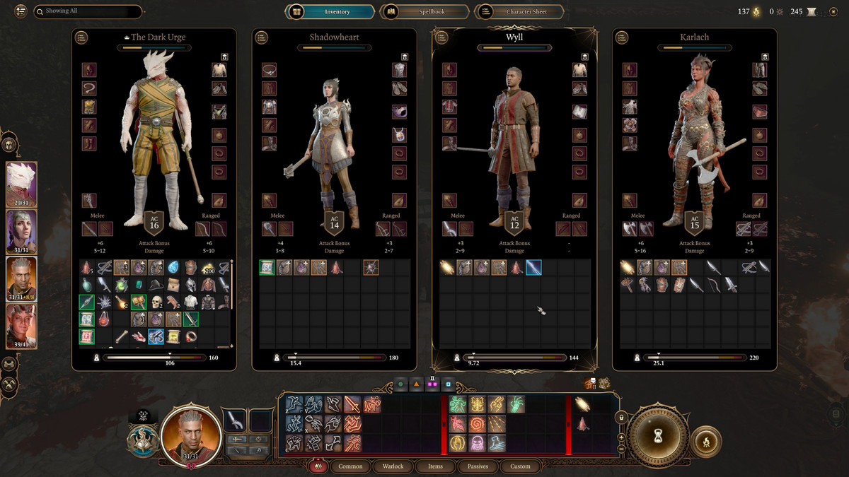 L'écran d'inventaire du personnage de Dark Urge Tav, Shadowheart, Wyll et Karlach dans Baldur's Gate 3