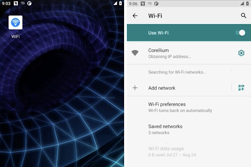 Une capture d'écran montrant le "Wifi" app, qui se présente comme une application système Wi-Fi.  Cependant, cette application est un logiciel espion déguisé.  L'icône de l'application comporte une icône bleue sans fil.