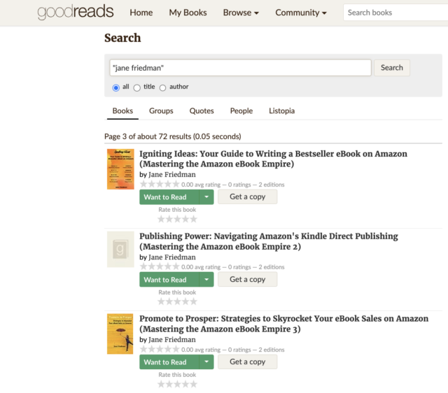 Une capture d'écran montrant des livres faussement attribués à Jane Friedman sur Goodreads.