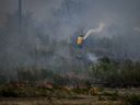 Les incendies de forêt en Colombie-Britannique ont déclenché plus de 70 alertes ou ordres d'évacuation, dont beaucoup sont regroupés dans le centre de l'intérieur de la province.  Un pompier dirige de l'eau sur un feu d'herbe sur un terrain derrière une propriété résidentielle à Kamloops, en Colombie-Britannique, le lundi 5 juin 2023.