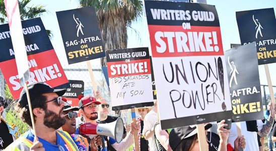 SAG-AFTRA and WGA Members and Supporters walks the picket line in support of the SAG-AFTRA and WGA strike at the Netflix Studios on July 14, 2023 in Los Angeles, California.