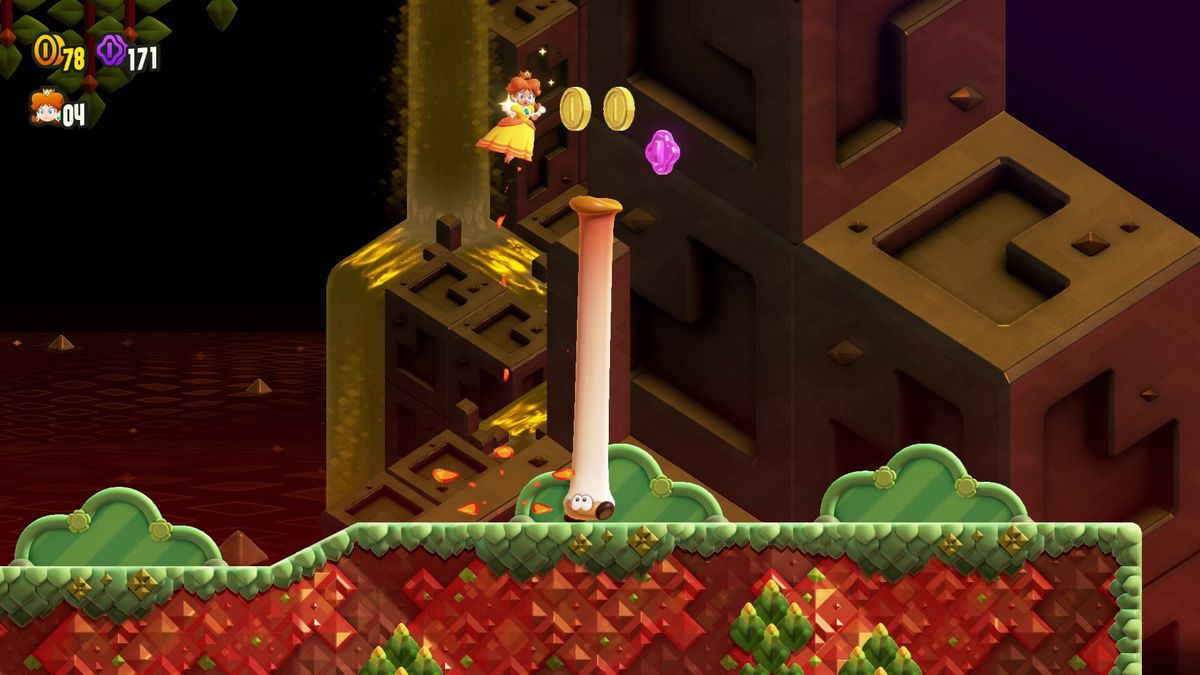 Daisy saute par-dessus une trompette (un grand champignon) en sautant accroupie dans une capture d'écran de Super Mario Bros. Wonder