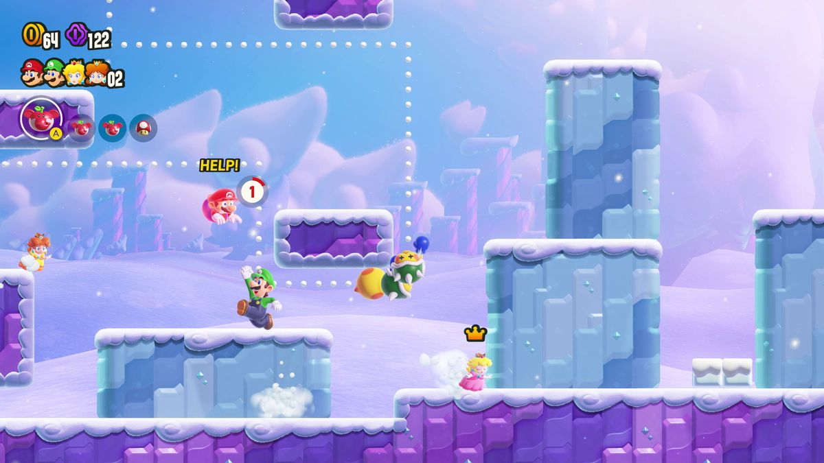 Un Mario fantomatique crie « Au secours ! »  alors que Luigi tente de l'atteindre dans une capture d'écran du mode multijoueur de Super Mario Bros. Wonder