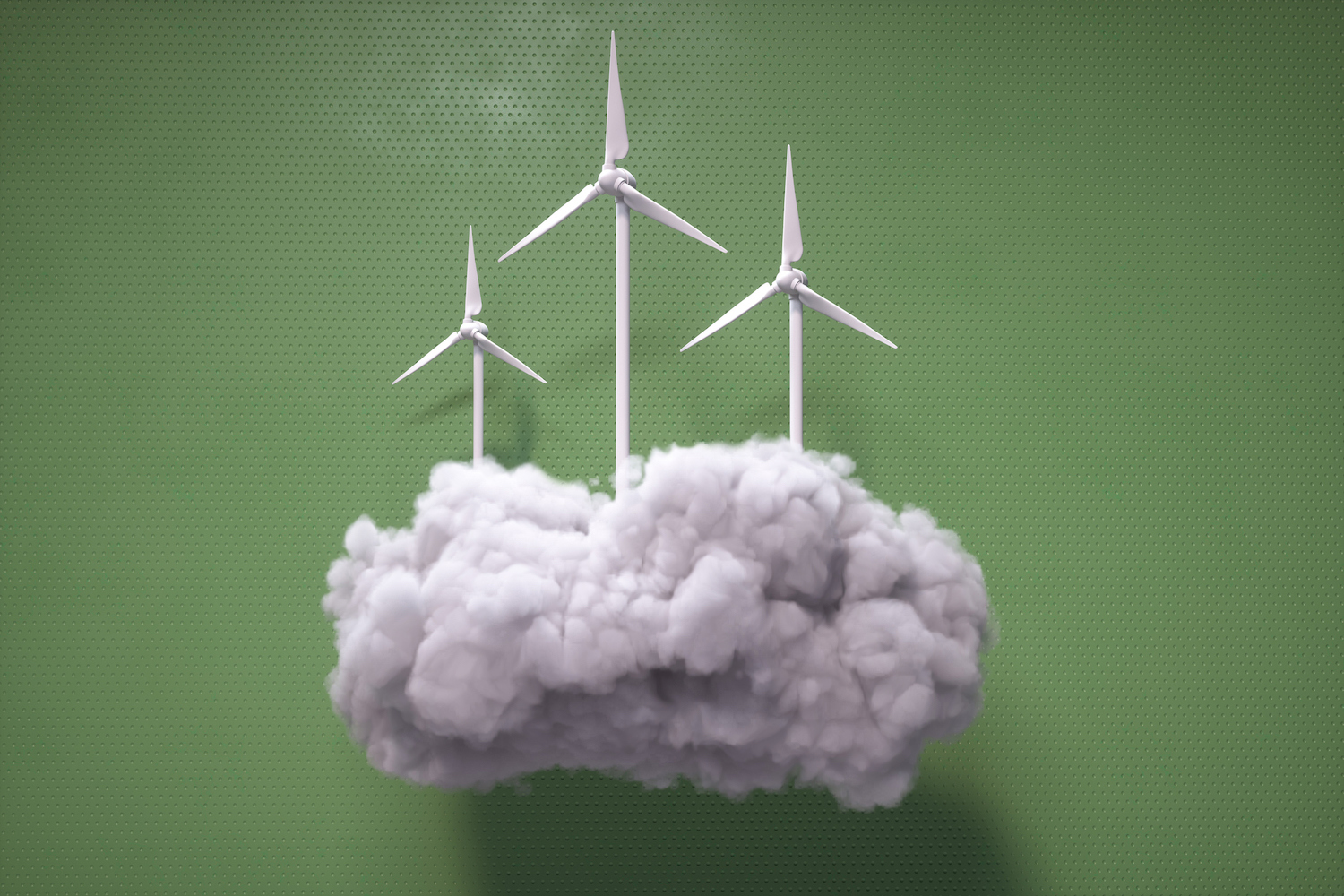 Image générée numériquement de plusieurs éoliennes sur un nuage gonflé sur fond vert.