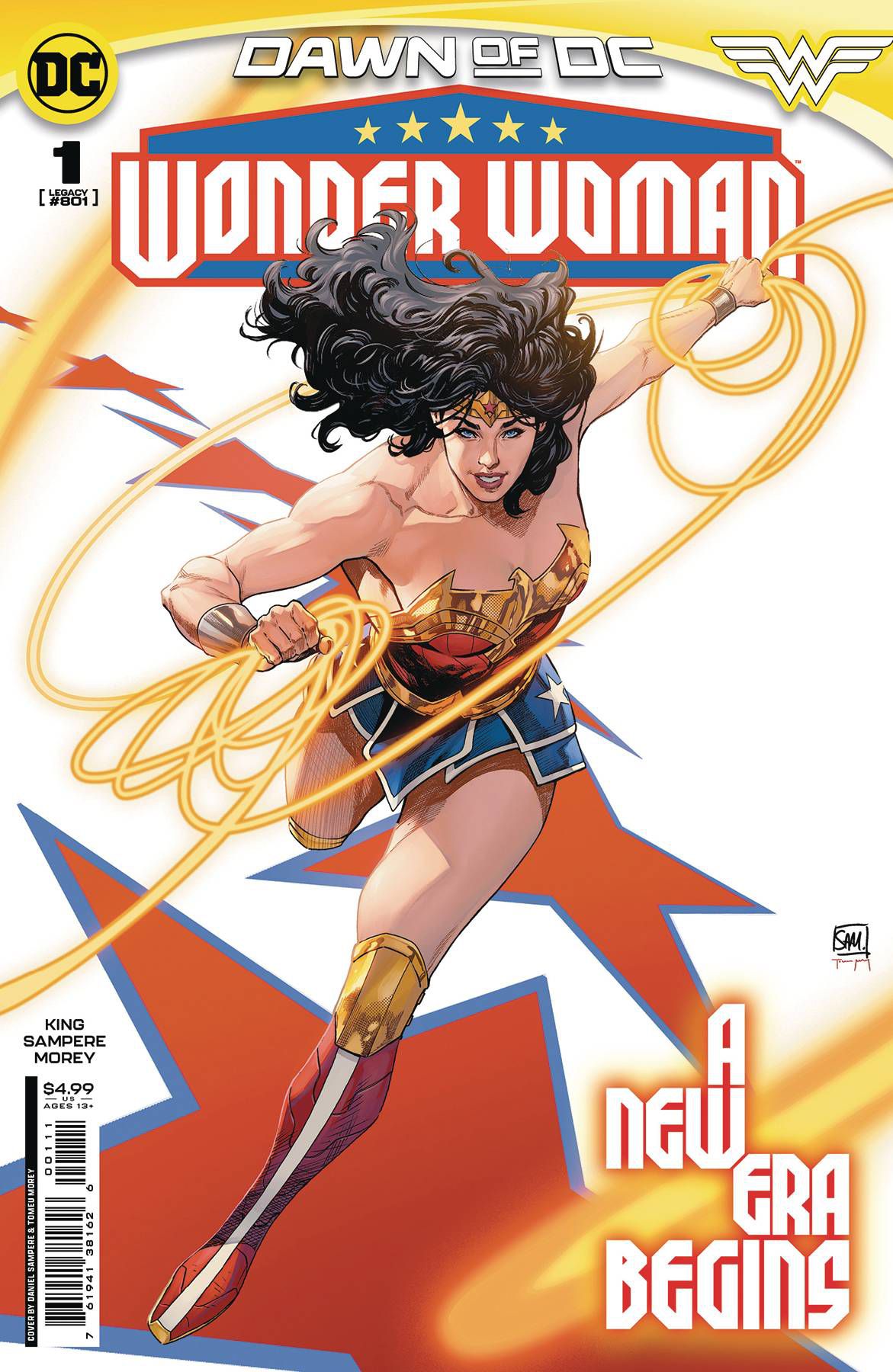 Wonder Woman court avec son lasso sur fond d'étoiles rouges en couverture de Wonder Woman #1 (2023).