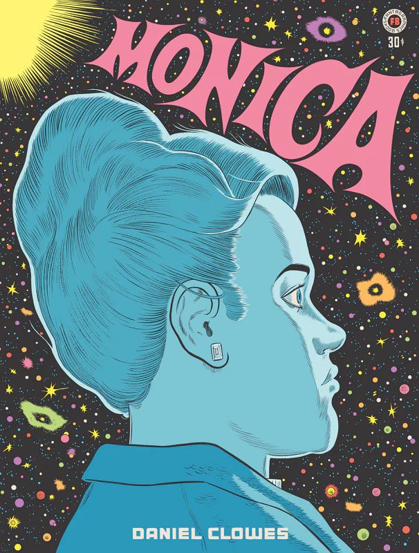 Un portrait de femme trapue de profil, sur fond d'étoiles multicolores sur la couverture de Monica.