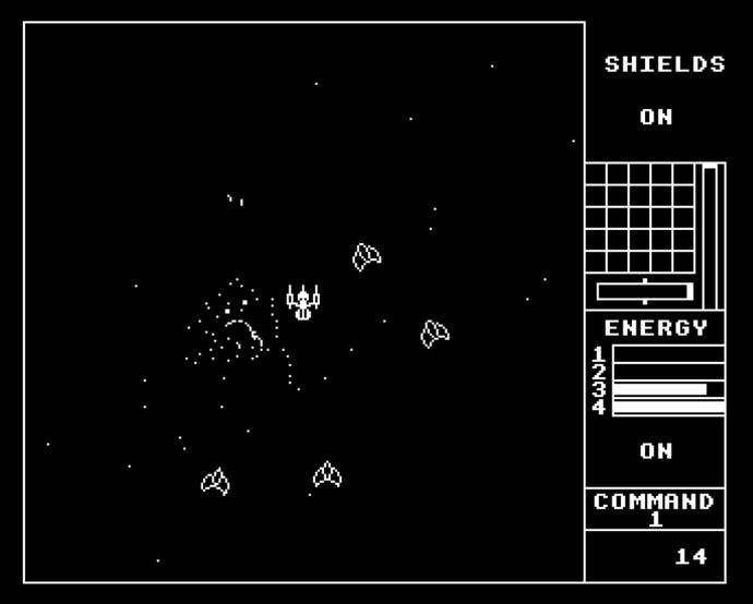 Un écran de Starship Command, un jeu de type Asteroids