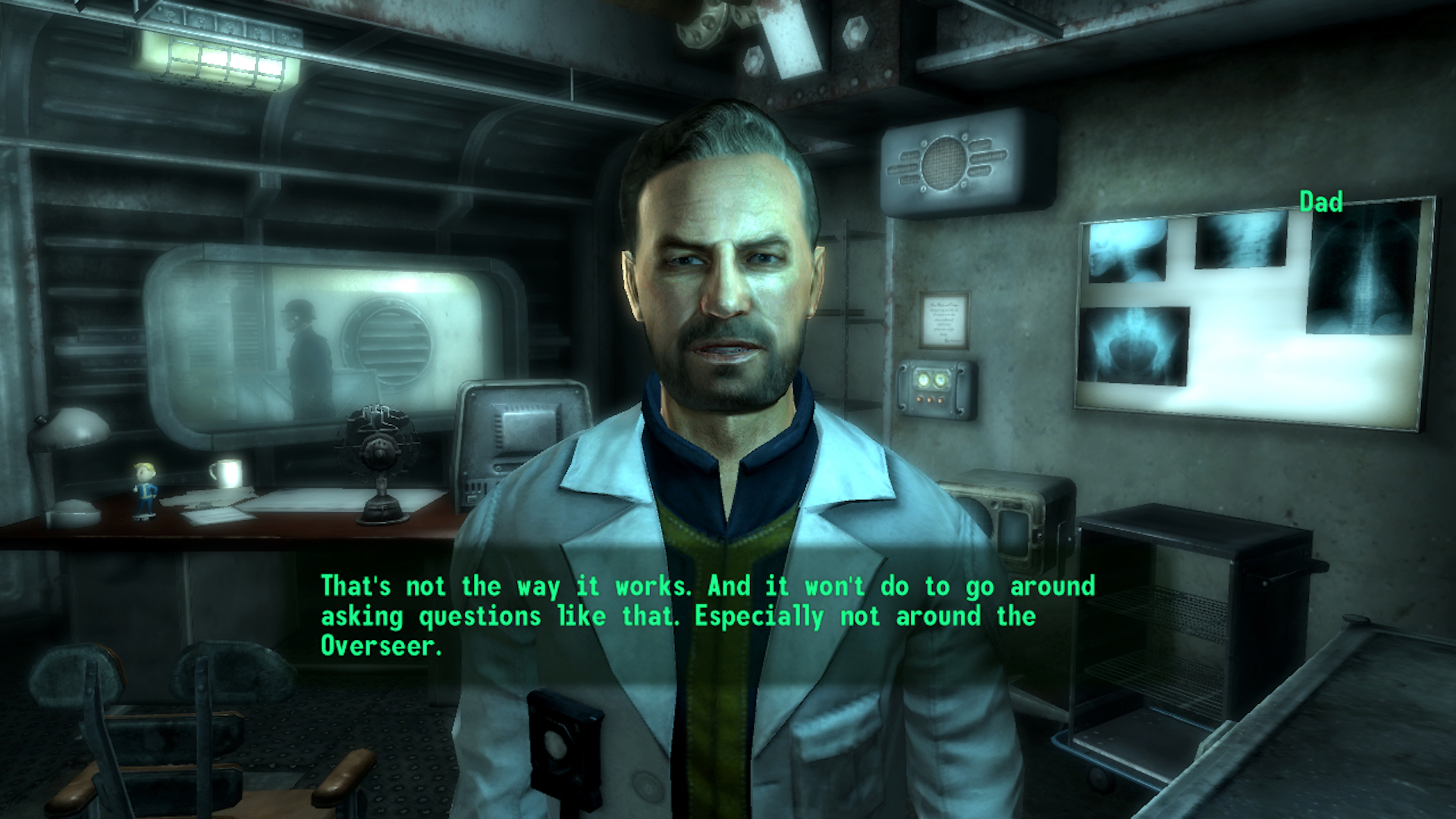 Scène d'ouverture de Fallout 3 montrant un dialogue avec papa