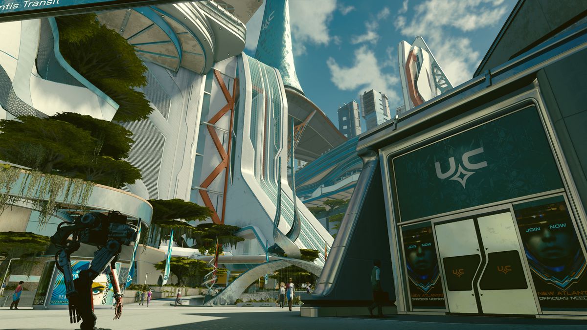 Une capture d'écran de Vasco, le compagnon robotique du joueur, debout devant un bâtiment de New Atlantis depuis Starfield.