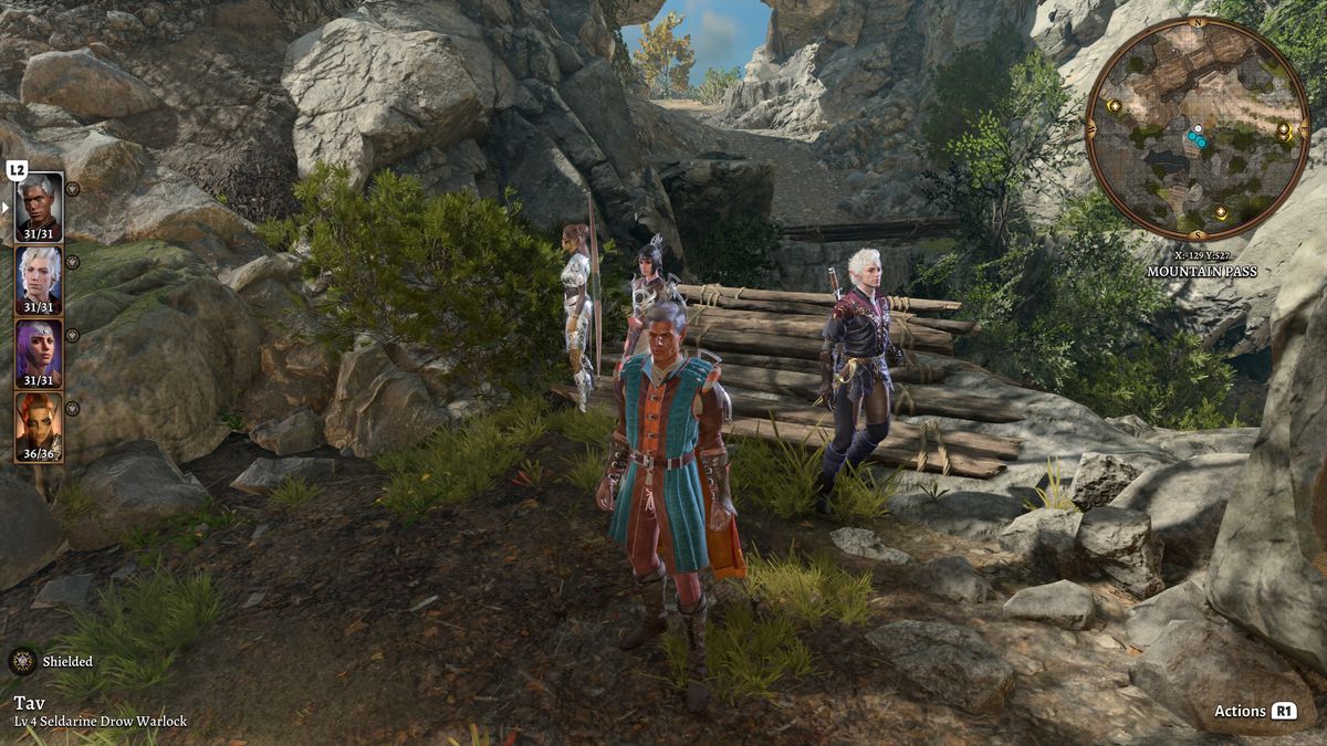 Une fête mettant en vedette mon personnage, le drow Tav, Astarion, Shadowheart et Lae'zel devant un pont cassé.