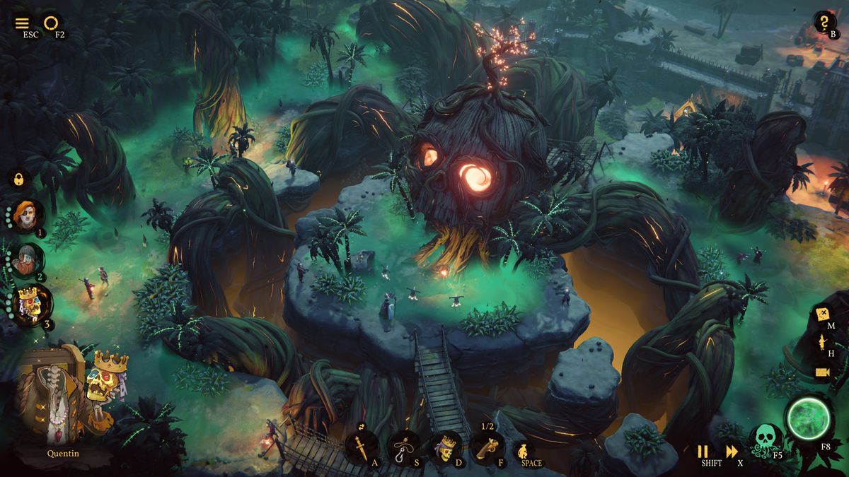 Une capture d'écran de Shadow Gambit: The Cursed, montrant un aperçu de l'île de Dreadvine Cove, mettant en évidence le crâne couvert de vigne qui se trouve au centre de la carte.