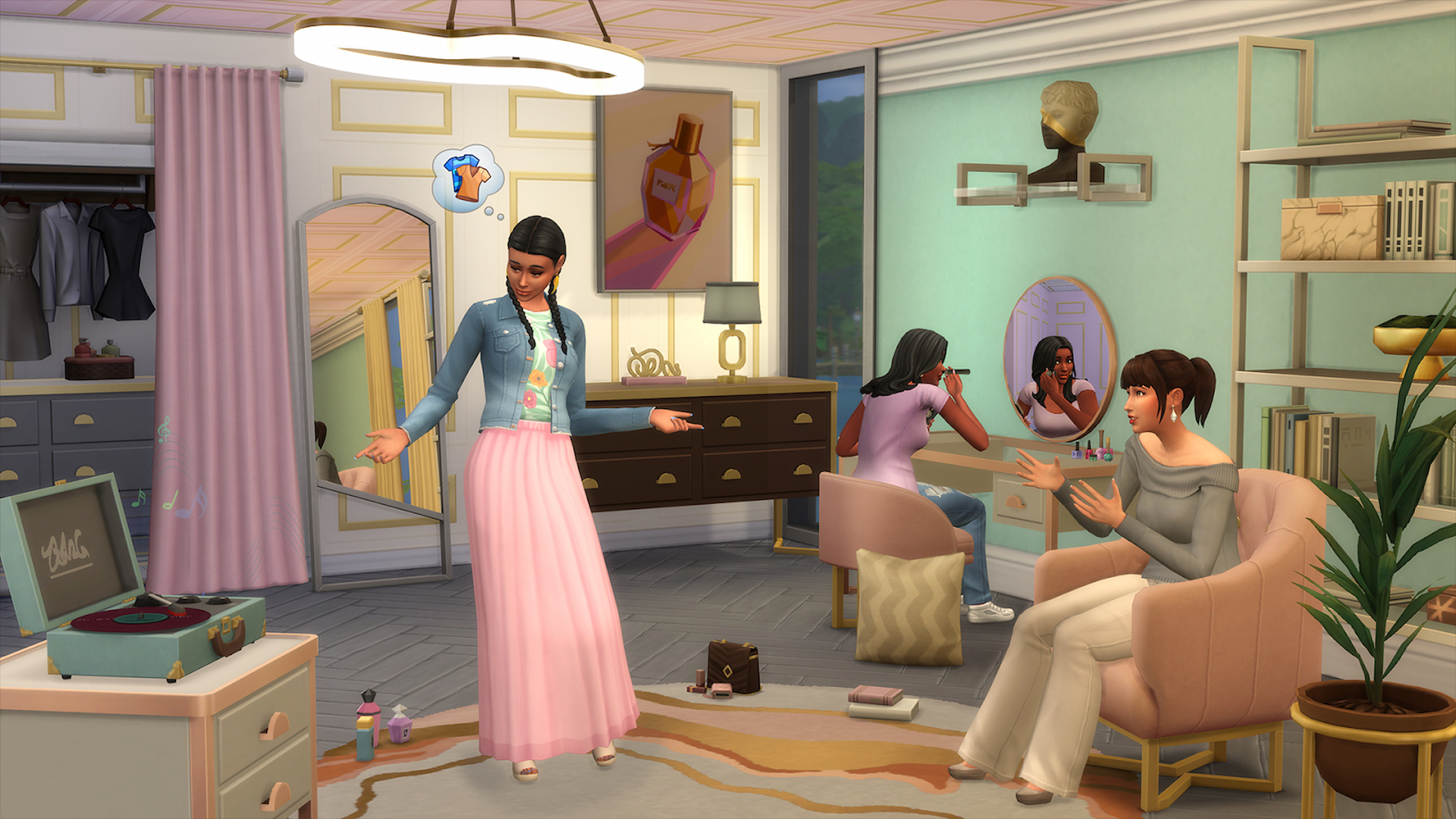Capture d'écran du Kit Sims 4 Modern Luxe montrant des Sims dans une boutique, essayant des vêtements et se maquillant