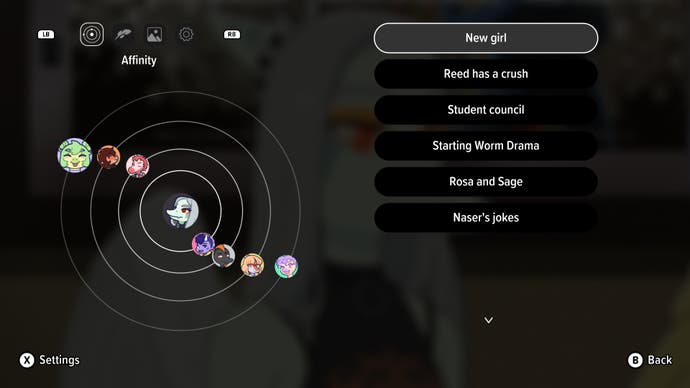 Capture d'écran de Goodbye Volcano High d'un écran de menu montrant les affinités relationnelles de Fang avec d'autres personnages