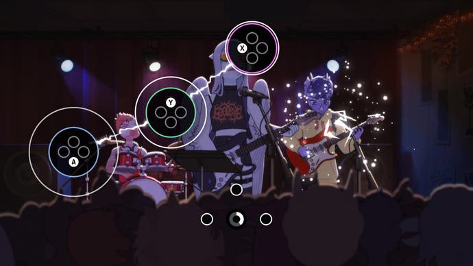 Goodbye Volcano High, capture d'écran d'une section rythmique du jeu qui consiste à appuyer en séquence sur des boutons spécifiques du contrôleur.