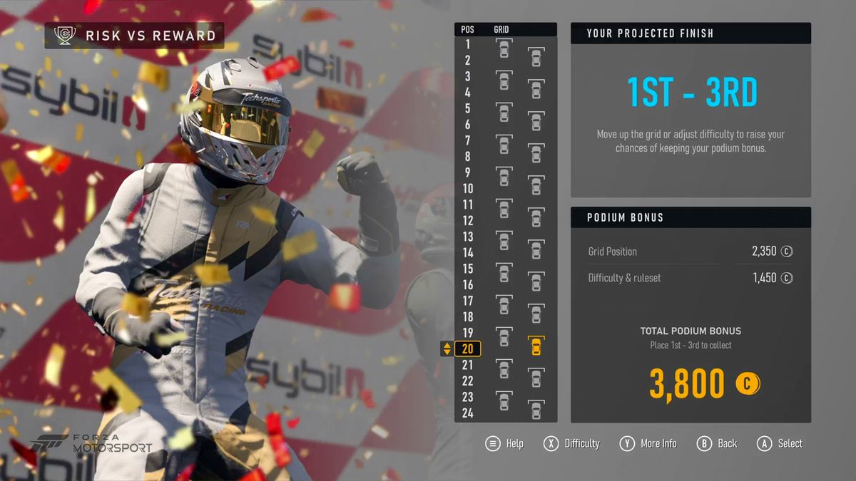 Un titre d'écran de menu « risque vs récompense » permet au joueur de sélectionner sa position sur la grille dans Forza Motorsport (2023)