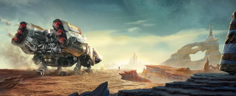 Starfield: Concept art showing a spaceship landed on a sandy planet.