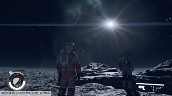 Bug des étoiles des GPU Starfield AMD Radeon : deux astronautes regardent le ciel pour voir une étoile brillante à proximité.